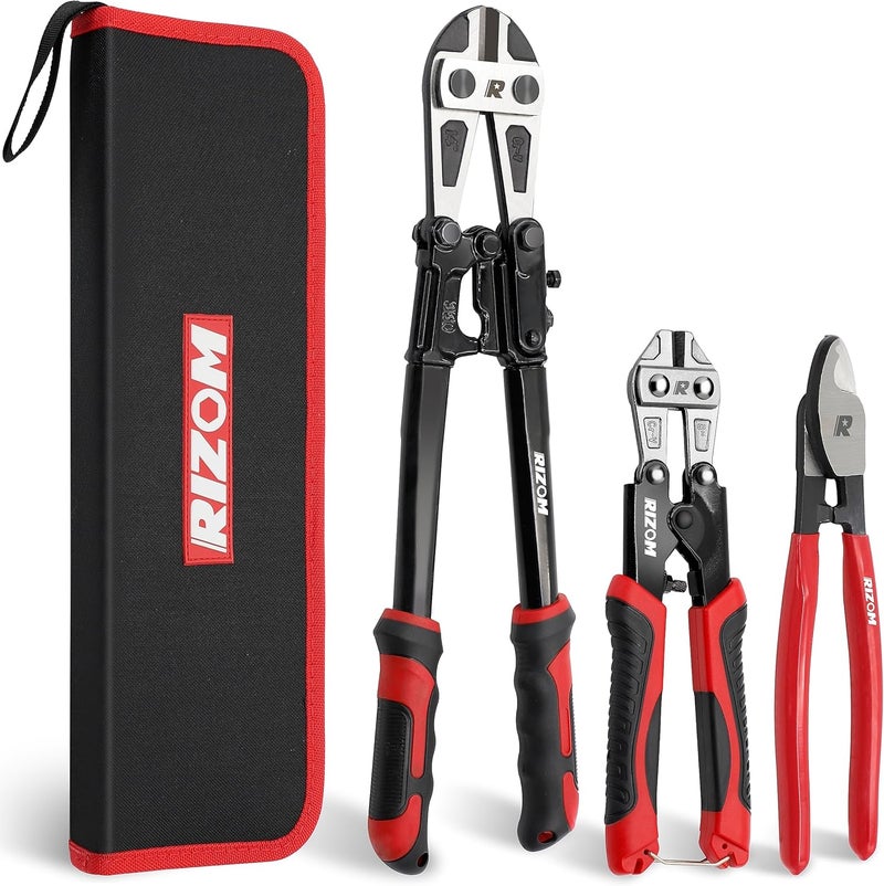 Rizom 3-Piece Bolt Cutter Pliers Set, 14" Heavy Duty Bolt Cutter, 8" Mini Bolt Cutter, 8" Wire Cable Cutter with Carrying Bag, Cr-V Blade for Cutting Locks, Steel Wire, Barbed Wire, Chains - Image 1